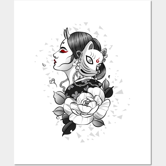 Traditional  black and white Japanese illustration of woman with a kitsune mask and flower Wall Art by BlindVibes